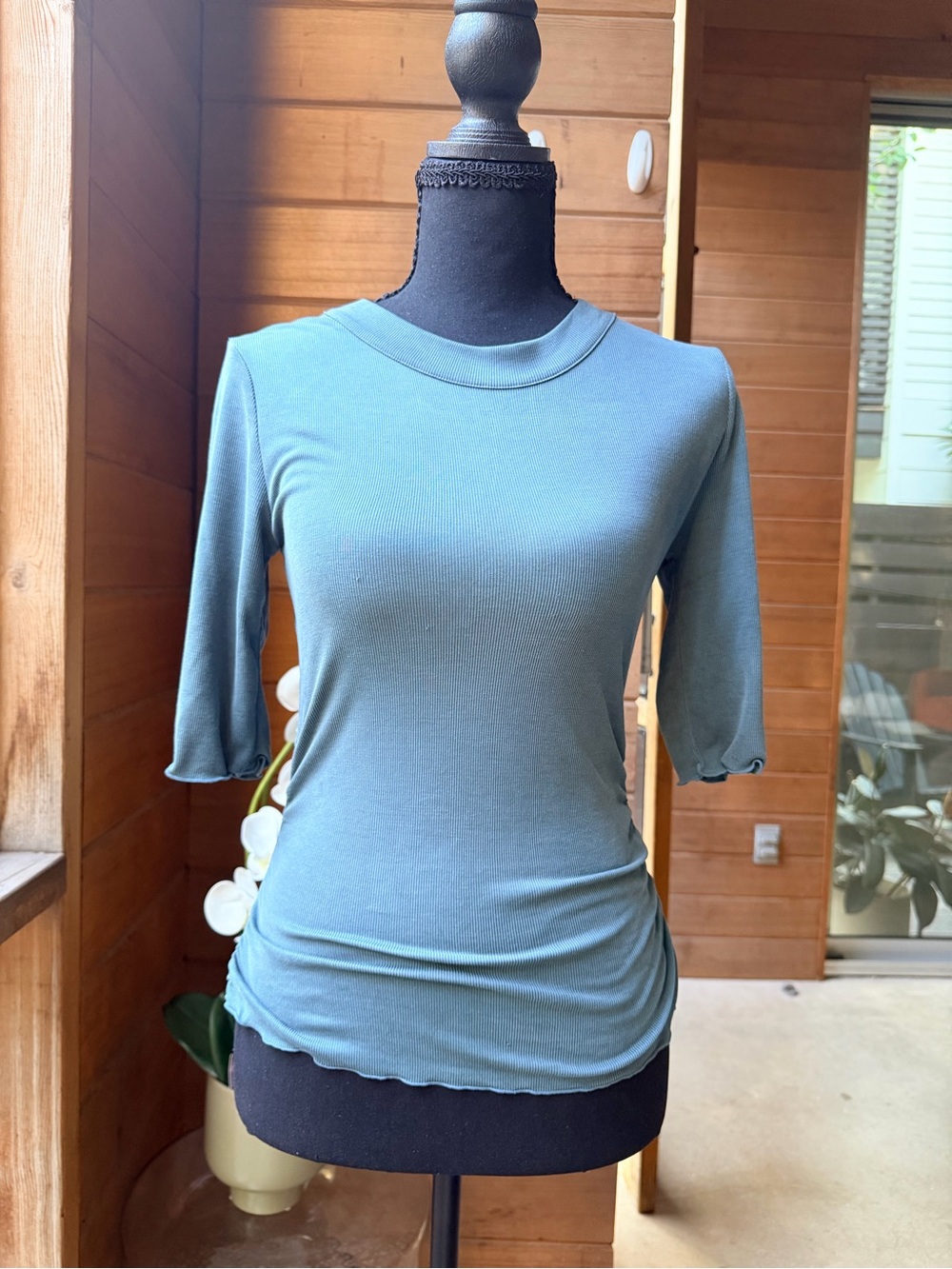Free People Teal Ribbed Short-Sleeve Crewneck Top